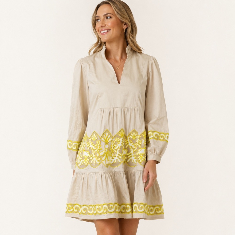 TUCKERNUCK Tan and Citron Embroidered Palmerston Dress Mesh Cutout Mini XL NWT